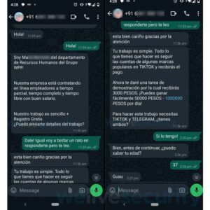 Ofertas falsas de trabajo en TikTok a través de WhatsApp y Telegram ESET
